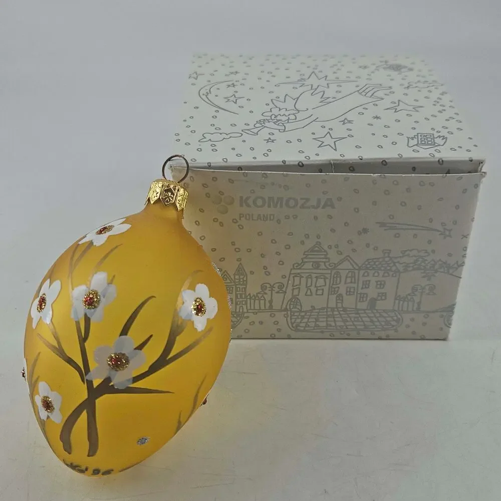 Vintage KOMOZJA Poland blown glass yellow gold ornate egg Christmas Ornament